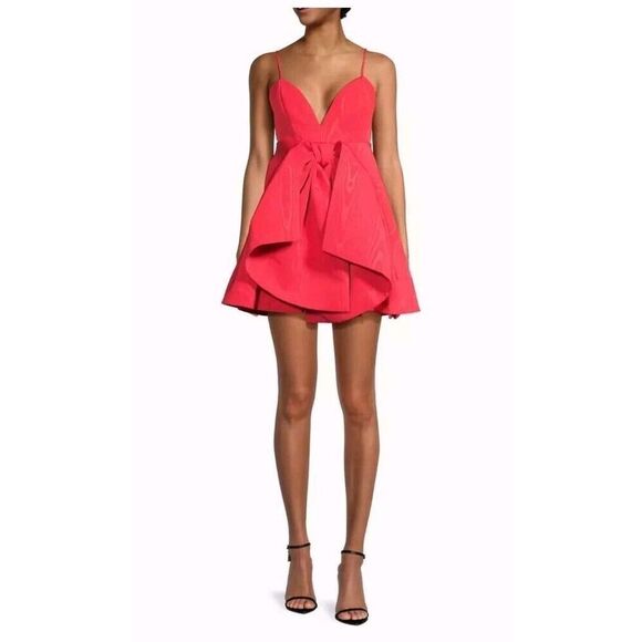 Bardot Annabelle Bow Plunge Neck Mini Dress Candy Pink Size 12 XXL MSRP $169 NWT - Picture 1 of 16